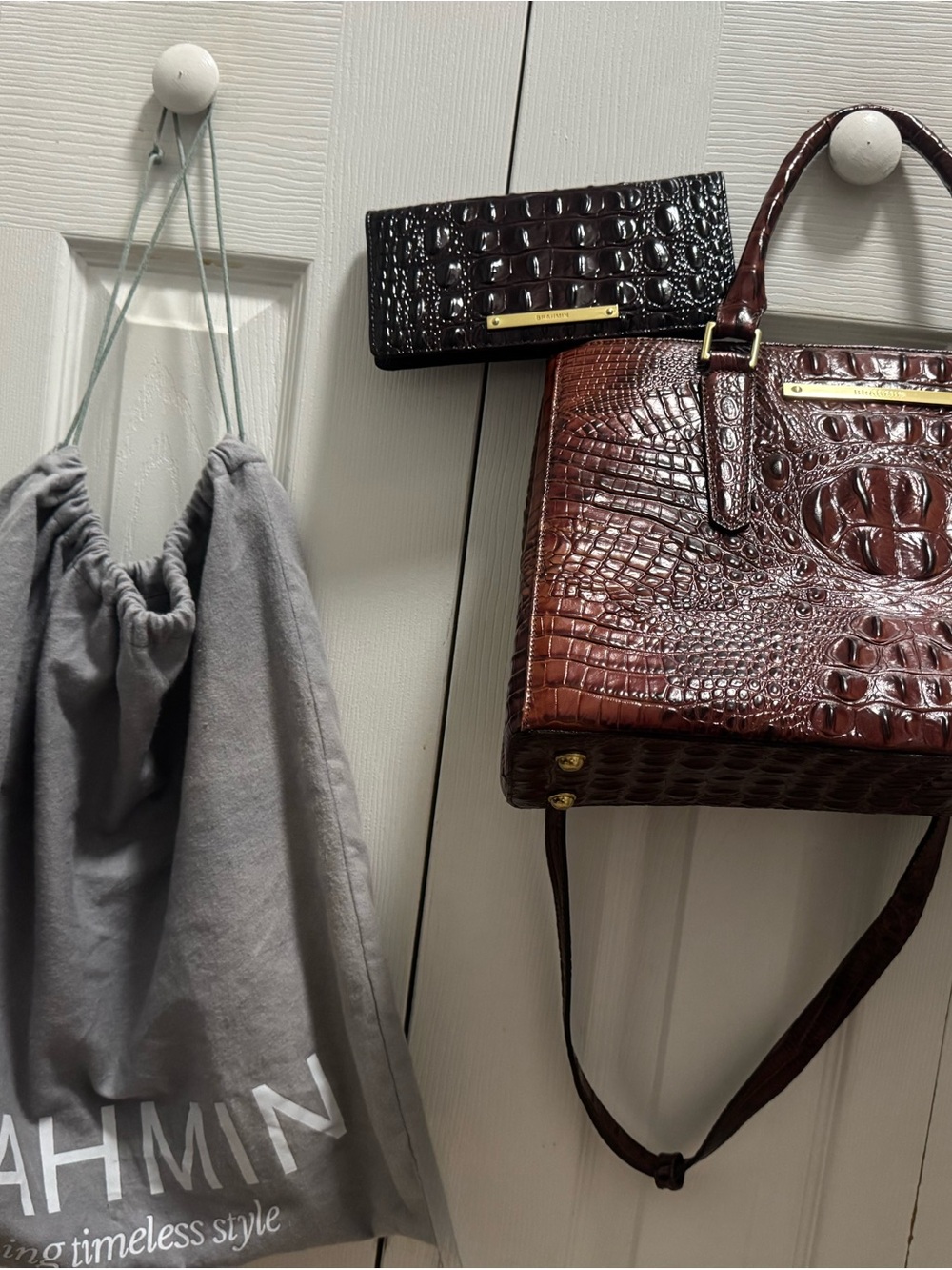 Brahmin Croc-Embossed Satchel with wallet and dust bag in Rich Chestnut Brown